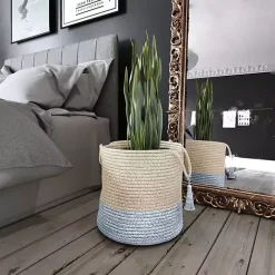 Best Kirklands Home Spa Blue and White Jute Basket with Tassel, 17 in.