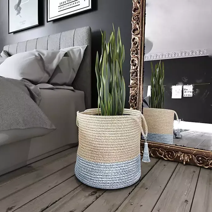 Best Kirklands Home Spa Blue and White Jute Basket with Tassel, 17 in.