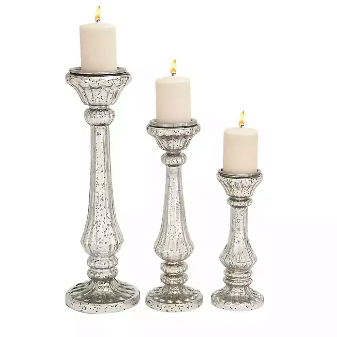 Kirklands Home Speckled Mercury Glass Pillar Holders, Set of 3 Silver