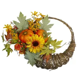 New Kirklands Home Sunflower and Pumpkin Cornucopia Harvest Wreath