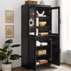 New Kirklands Home Tall Black Wood and 4-Door Storage Cabinet