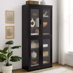 Kirklands Home Tall Black Wood and Glass Door Storage Cabinet