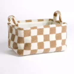 Clearance Kirklands Home & White Checkered Sherpa Storage Bin Tan