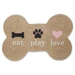 New Kirklands Home Eat Play Love Bone-Shaped Pet Bowl Mat Tan