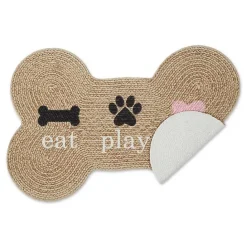 New Kirklands Home Eat Play Love Bone-Shaped Pet Bowl Mat Tan
