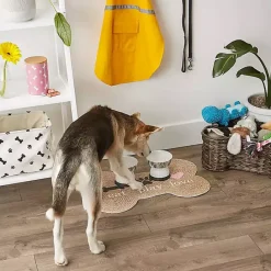 New Kirklands Home Eat Play Love Bone-Shaped Pet Bowl Mat Tan