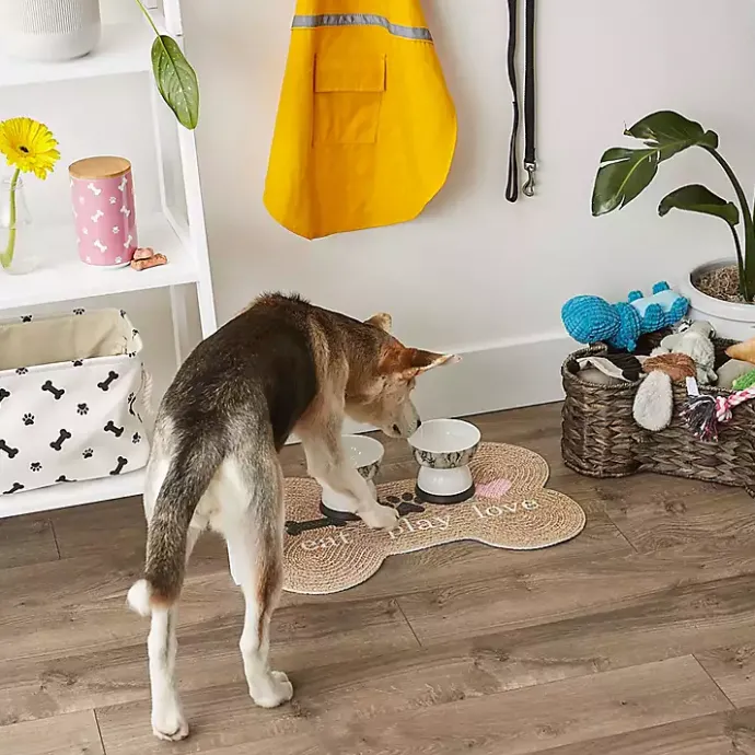 New Kirklands Home Eat Play Love Bone-Shaped Pet Bowl Mat Tan