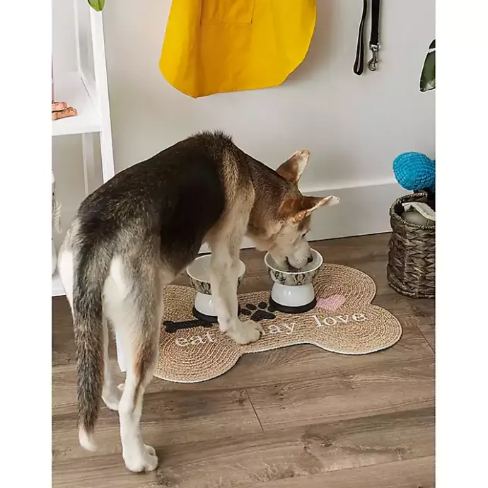 New Kirklands Home Eat Play Love Bone-Shaped Pet Bowl Mat Tan