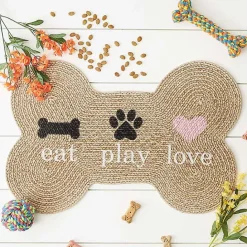 New Kirklands Home Eat Play Love Bone-Shaped Pet Bowl Mat Tan