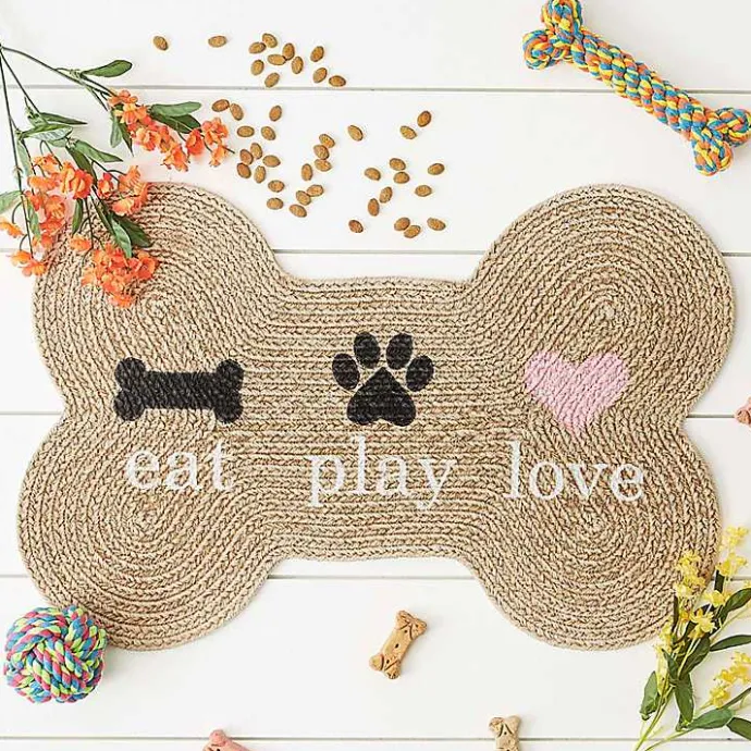 New Kirklands Home Eat Play Love Bone-Shaped Pet Bowl Mat Tan