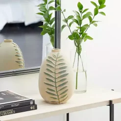 Clearance Kirklands Home Tan Raised Green Fern Ceramic Vase, 10 in.