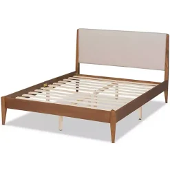 Best Kirklands Home Tan Upholstered Brown Wood King Platform Bed