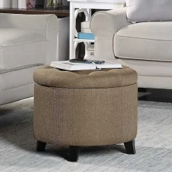 New Kirklands Home Upholstered Eliza Round Storage Ottoman Tan