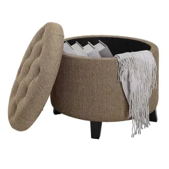New Kirklands Home Upholstered Eliza Round Storage Ottoman Tan