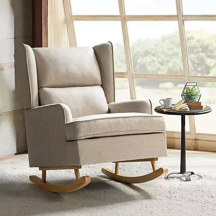 Clearance Kirklands Home Taupe Upholstered Natural Base Wingback Rocker Tan