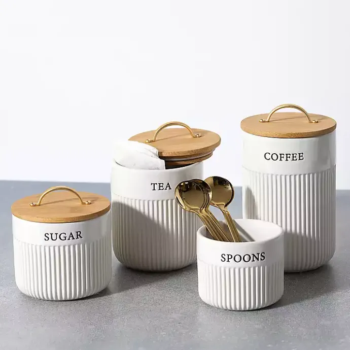 Kirklands Home Tea Ribbed Ceramic Canister Ivory