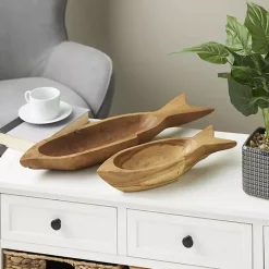 Sale Kirklands Home Teak Wood Carved Fish Trays, Set of 2 Brown