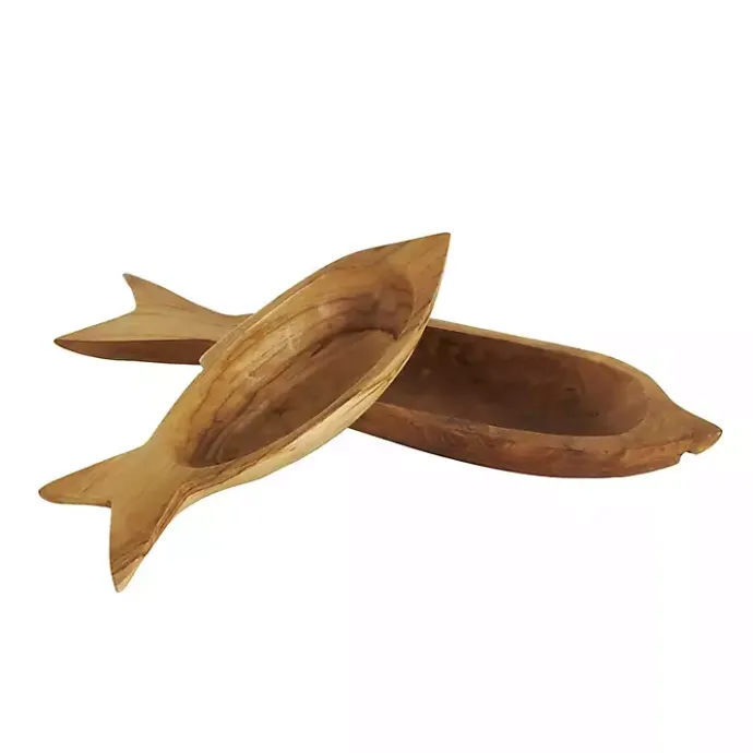 Sale Kirklands Home Teak Wood Carved Fish Trays, Set of 2 Brown
