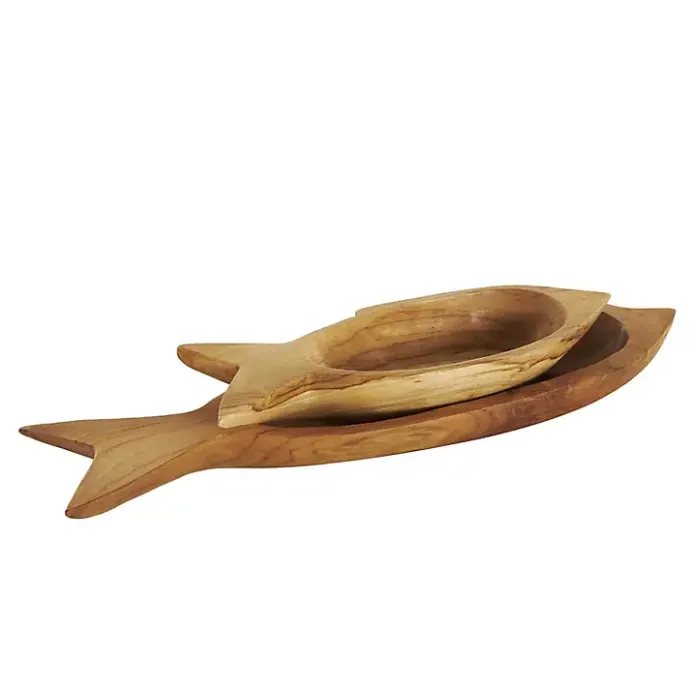 Sale Kirklands Home Teak Wood Carved Fish Trays, Set of 2 Brown