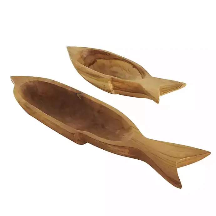 Sale Kirklands Home Teak Wood Carved Fish Trays, Set of 2 Brown