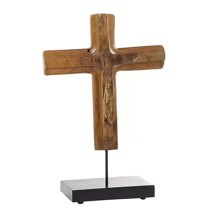 Kirklands Home Teak Wood Floating Cross Tabletop Sculpture Brown