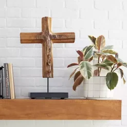 Kirklands Home Teak Wood Floating Cross Tabletop Sculpture Brown