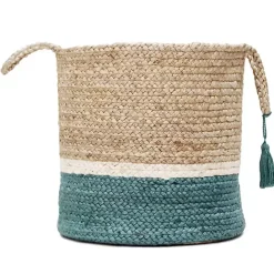 Sale Kirklands Home Teal Off White Woven Basket with Tassel, 17 in.