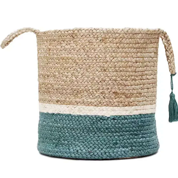 Sale Kirklands Home Teal Off White Woven Basket with Tassel, 17 in.