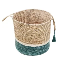 Sale Kirklands Home Teal Off White Woven Basket with Tassel, 17 in.