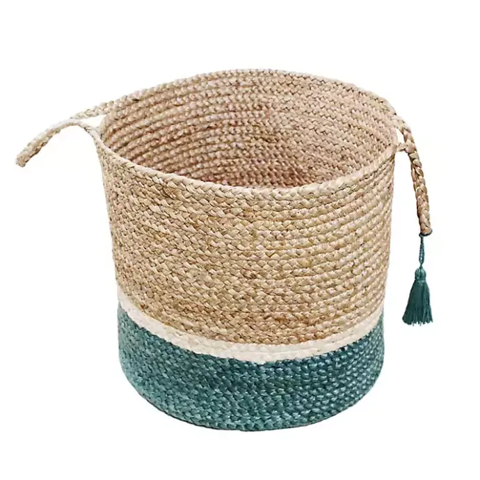 Sale Kirklands Home Teal Off White Woven Basket with Tassel, 17 in.