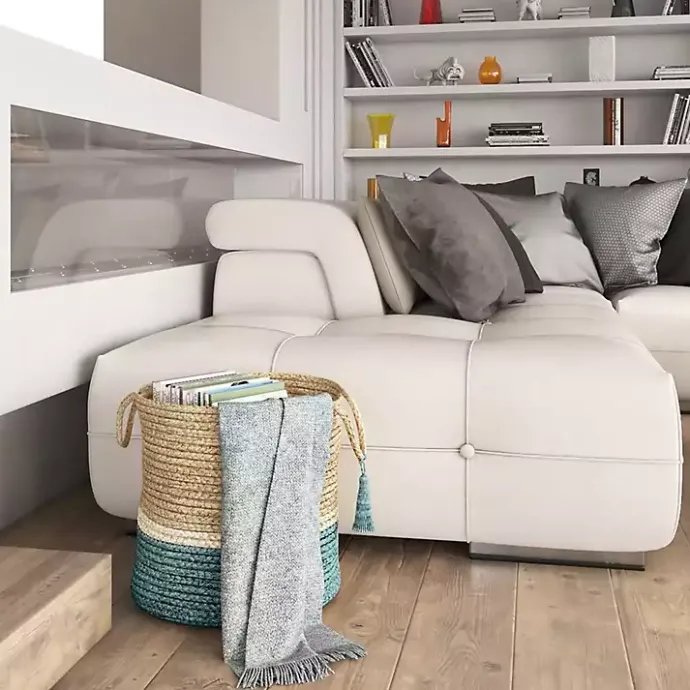 Sale Kirklands Home Teal Off White Woven Basket with Tassel, 17 in.