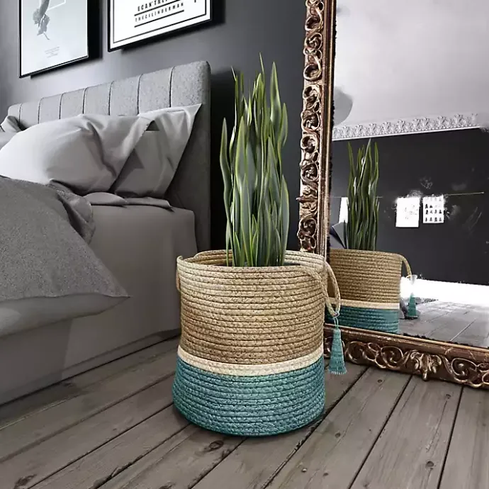 Sale Kirklands Home Teal Off White Woven Basket with Tassel, 17 in.