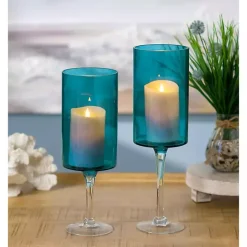 Clearance Kirklands Home Turquoise Glass Hurricane Candle Holders, Set of 2 Blue