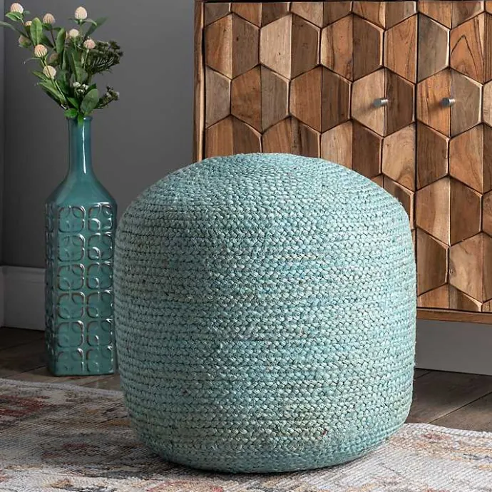 Sale Kirklands Home Turquoise Neely Jute Braided Pouf Blue