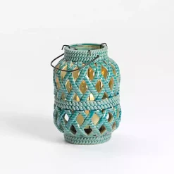 Hot Kirklands Home Turquoise Woven Stoneware Coastal Lantern, 8 in. Blue