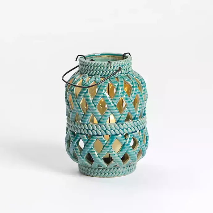 Hot Kirklands Home Turquoise Woven Stoneware Coastal Lantern, 8 in. Blue