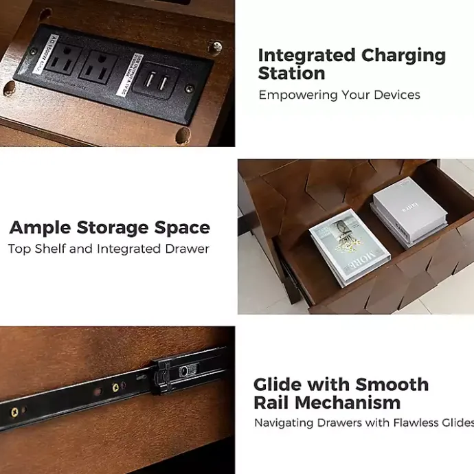 Kirklands Home Walnut Geometric 2-Drawer Charging Nightstand Brown