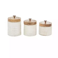 Sale Kirklands Home Weathered Ivory Jars with Wooden Lids, Set of 3
