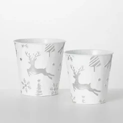 Outlet Kirklands Home White & Silver Embossed Reindeer Pails, Set of 2