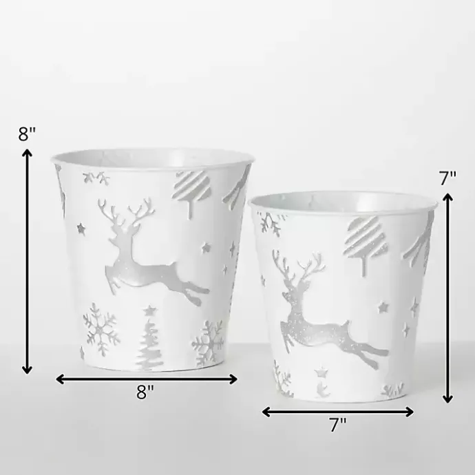 Outlet Kirklands Home White & Silver Embossed Reindeer Pails, Set of 2