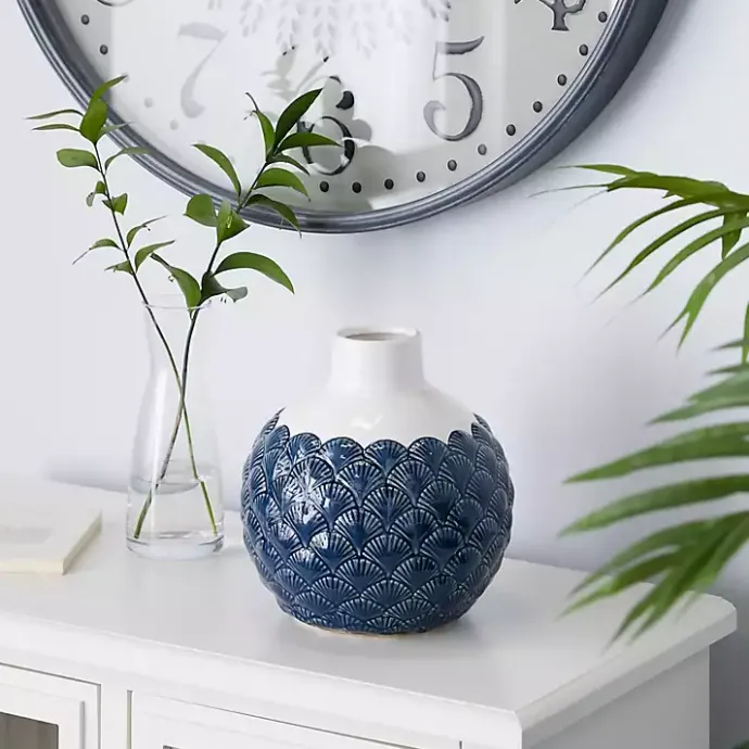 Sale Kirklands Home White and Blue Coastal Ceramic Vase, 8 in.