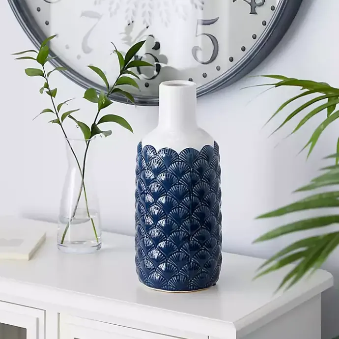 Hot Kirklands Home White and Blue Coastal Ceramic Vase, 13 in.