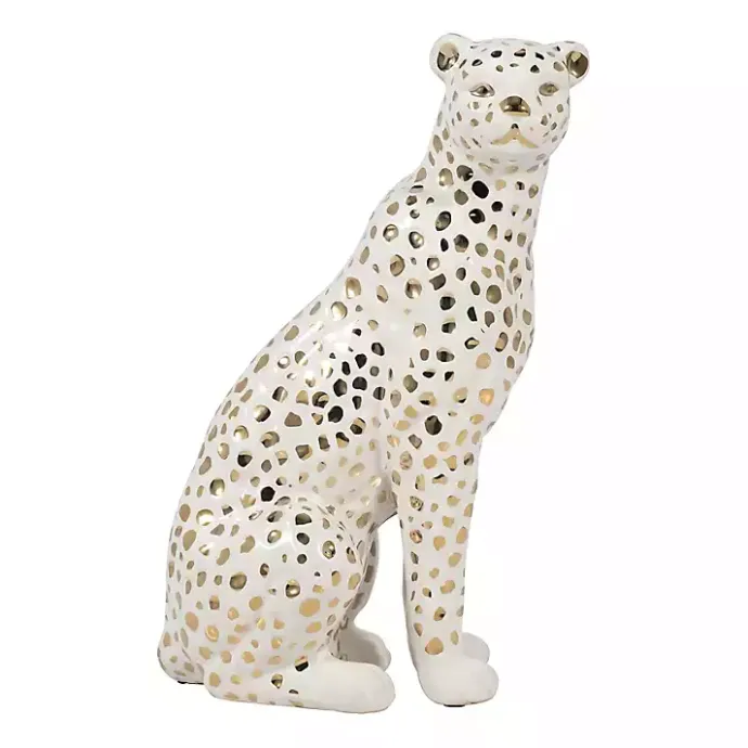Outlet Kirklands Home White and Gold Ceramic Sitting Leopard Statue