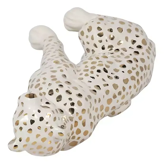Outlet Kirklands Home White and Gold Ceramic Sitting Leopard Statue
