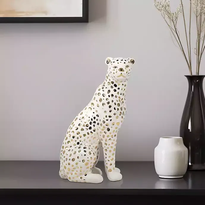 Outlet Kirklands Home White and Gold Ceramic Sitting Leopard Statue