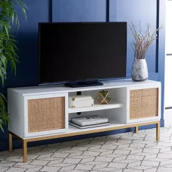 Clearance Kirklands Home and Gold Rattan Media Cabinet White