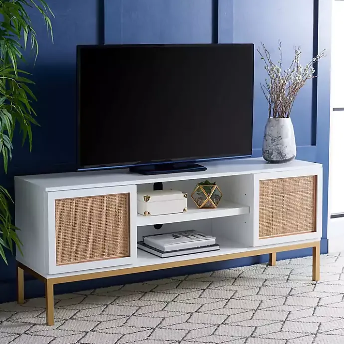 Clearance Kirklands Home and Gold Rattan Media Cabinet White