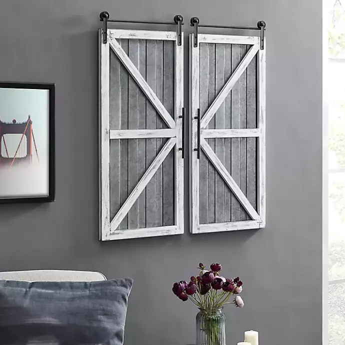 New Kirklands Home White Barn Door Galvanized Wall Plaques, Set of 2 Gray