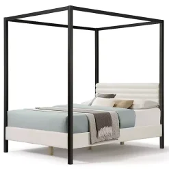 Hot Kirklands Home White Boucle Upholstered Black Canopy Queen Bed