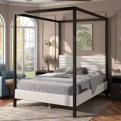 Hot Kirklands Home White Boucle Upholstered Black Canopy Queen Bed